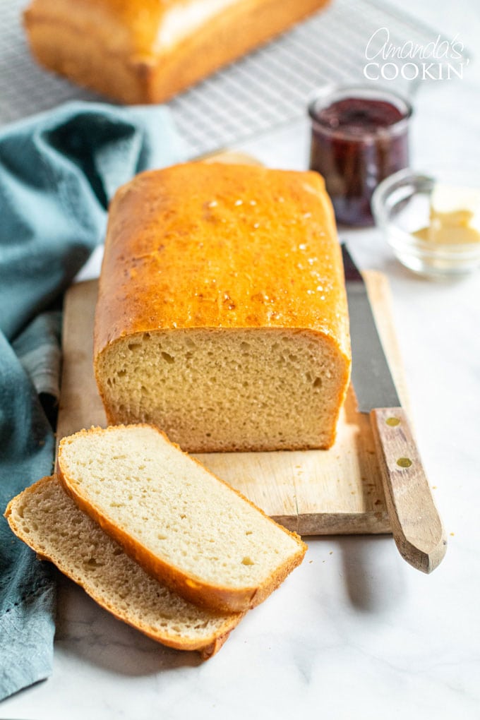 loaf of homemade bread with two slices cut off