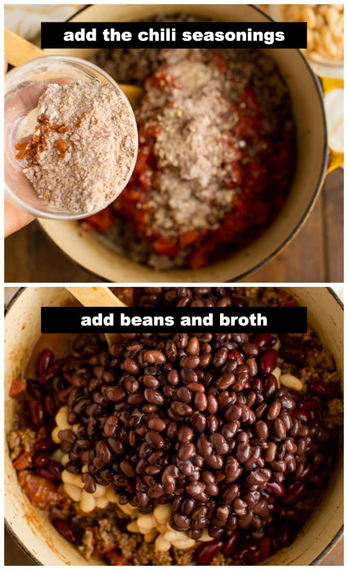 adding seasoning and beans to pot