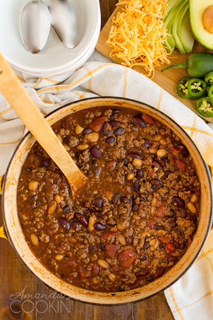 dutch oven overhead photo with 3 bean chili