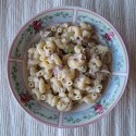 An overhead photo of three ingredient quick pasta salad in a bowl.