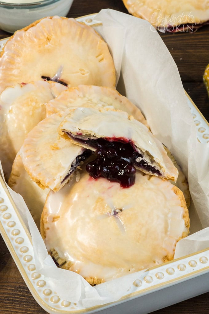 blueberry mini pie broken open showing filling inside