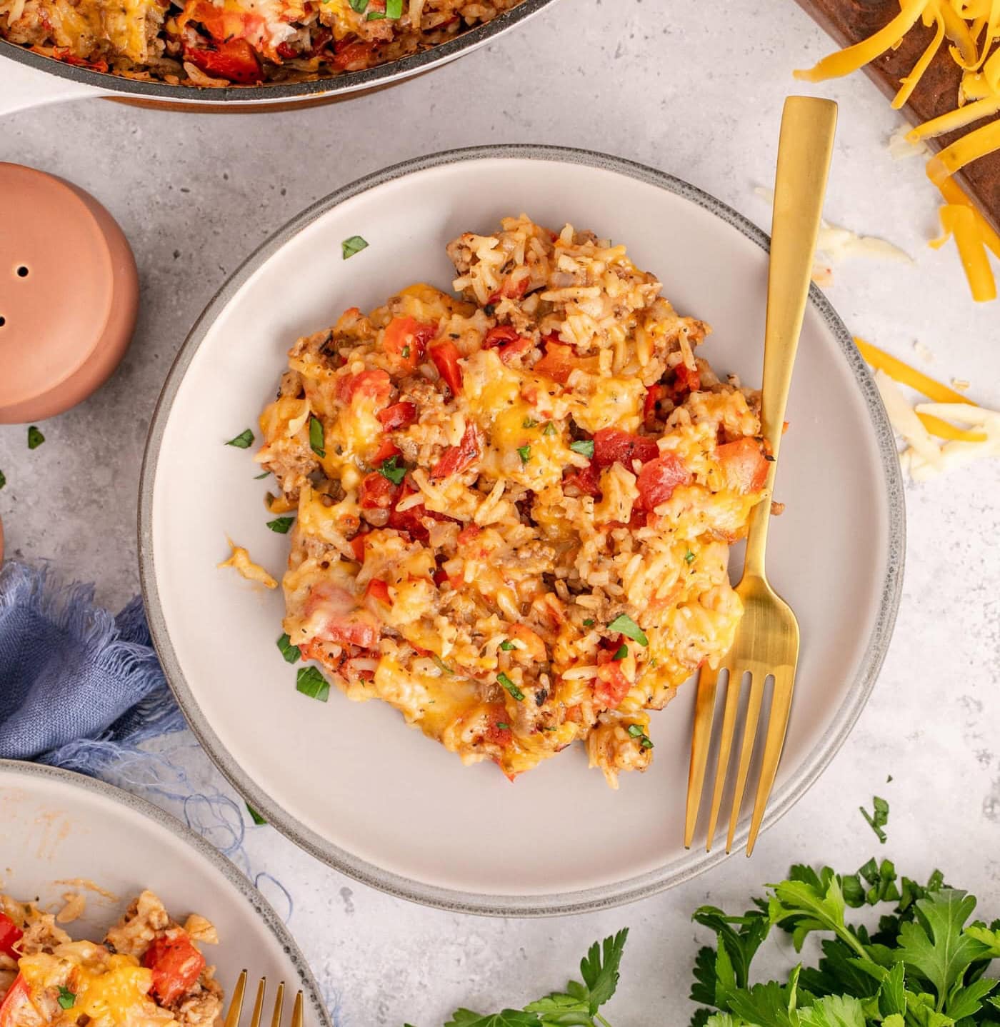 stuffed pepper ground beef casserole on a plate with a fork
