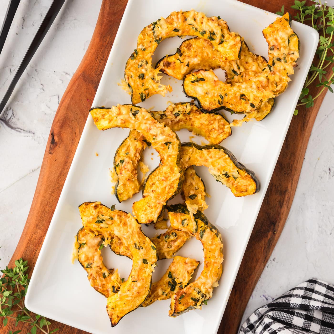 Air Fryer Acorn Squash on a white serving platter