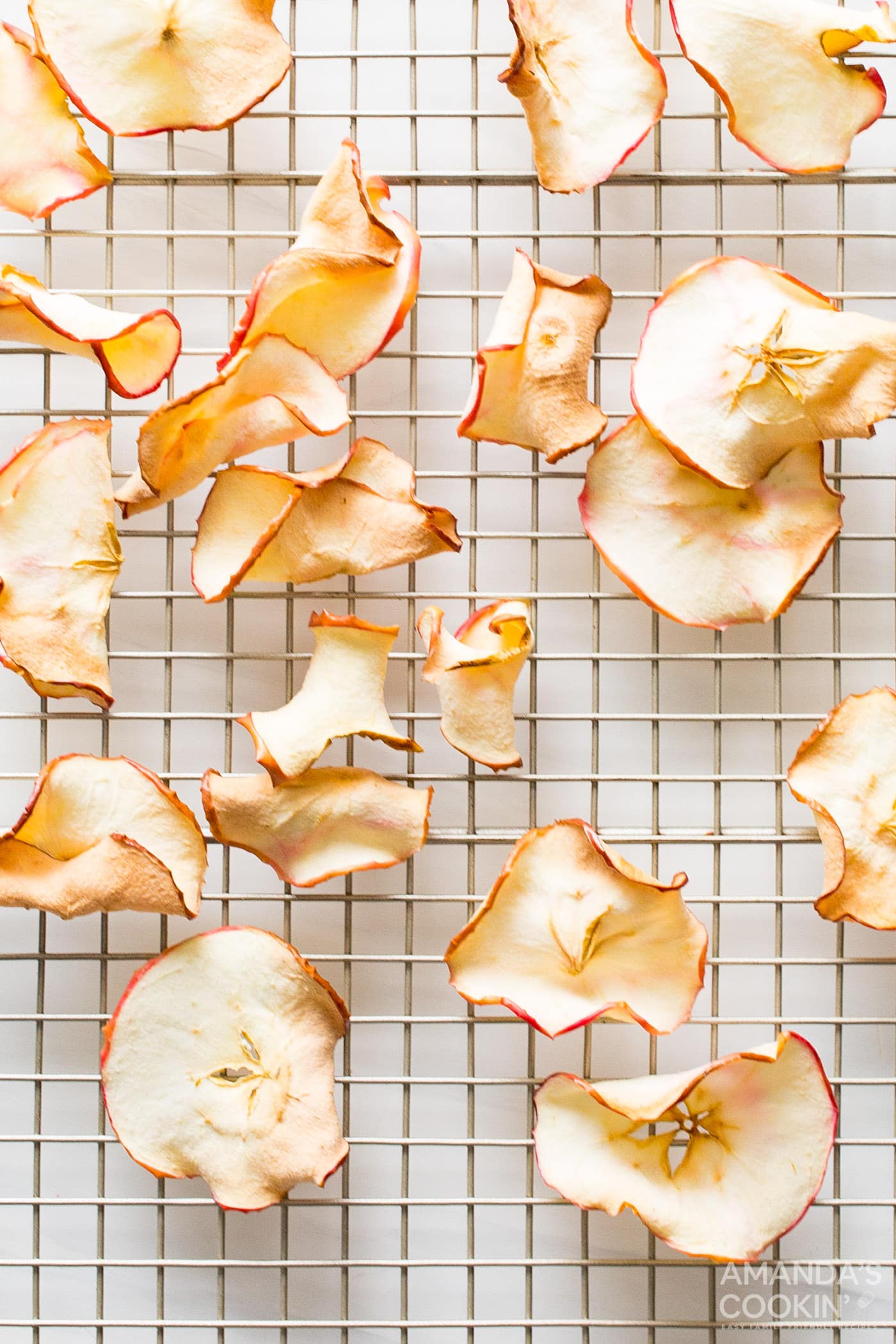 air fryer apple chips on a wire rack