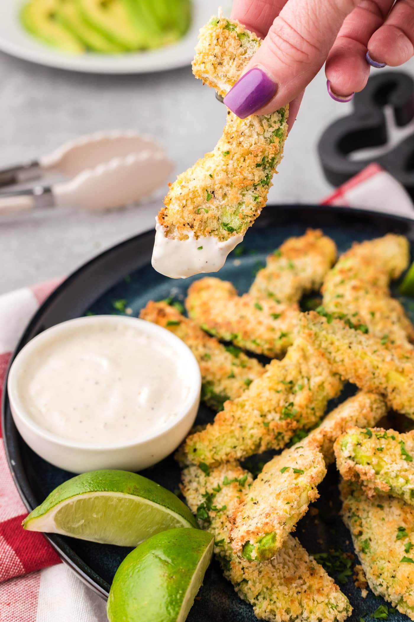 Air Fryer Avocado Fry dipped in ranch