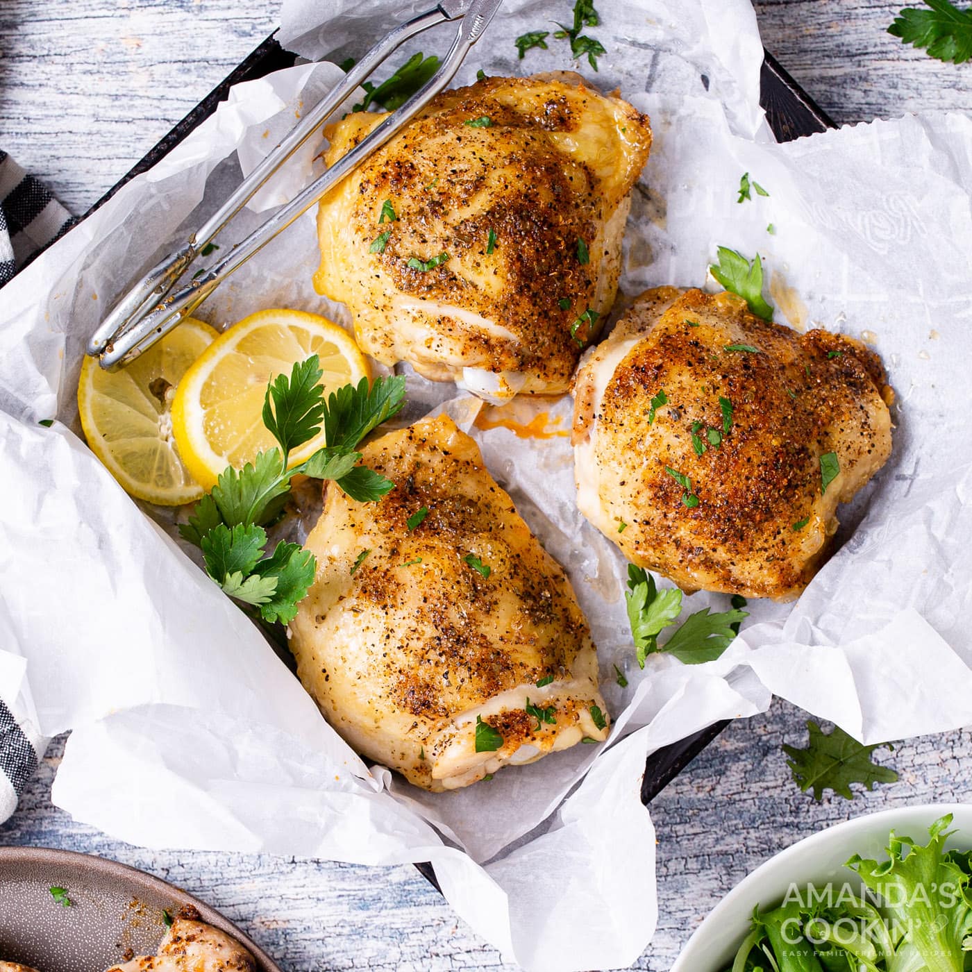 air fryer chicken thighs in a square pan