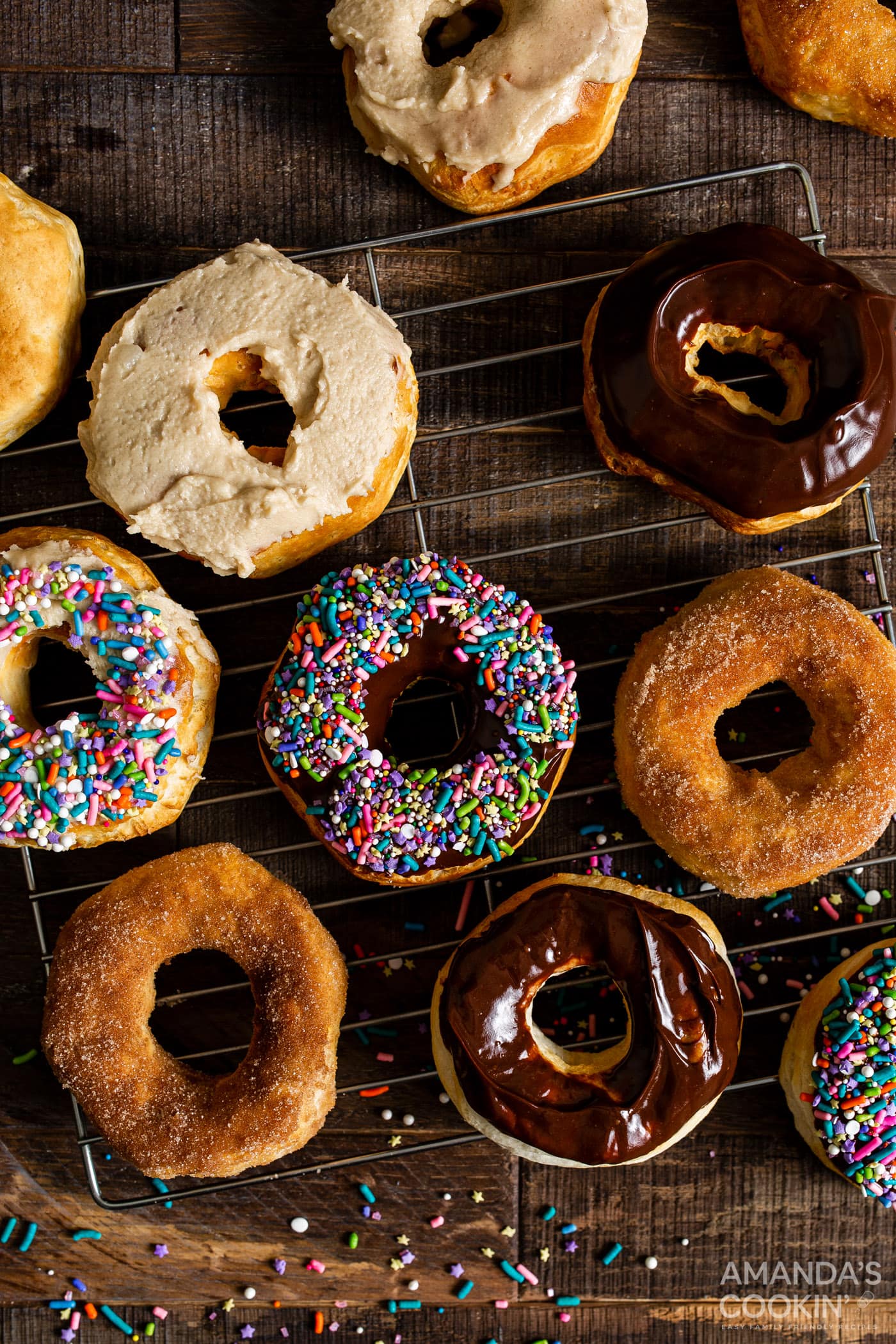 decorated donuts on a wire rack