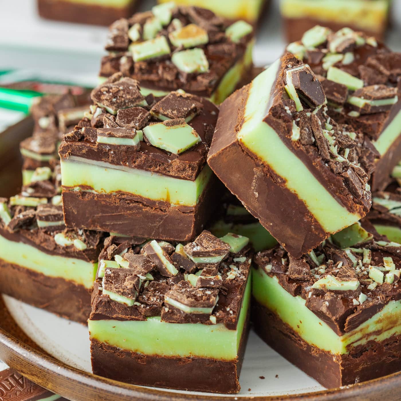 Andes Mint Fudge stacked on a plate