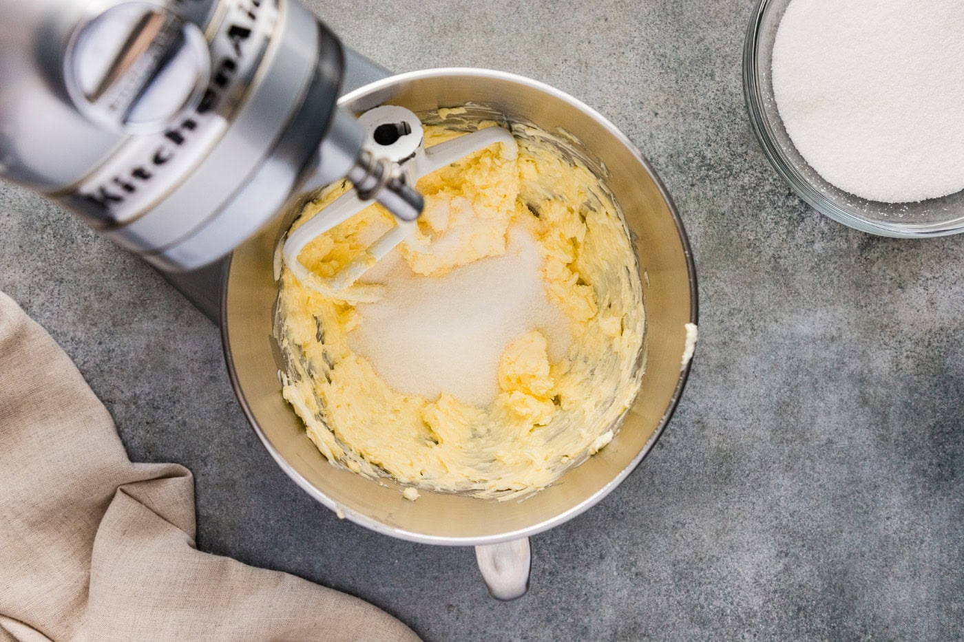 sugar added to butter and shortening mixture in a stand mixer bowl