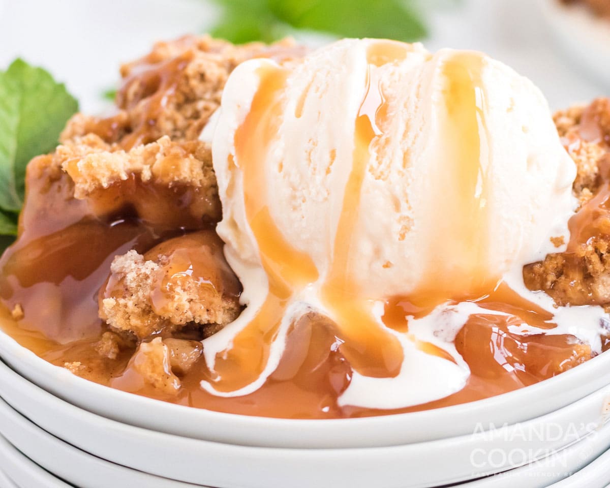 melting ice cream on crockpot apple cobbler with caramel sauce