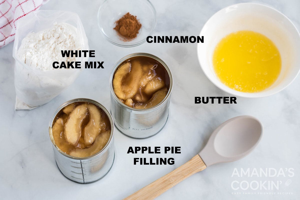 labeled ingredients for apple cobbler in the crockpot