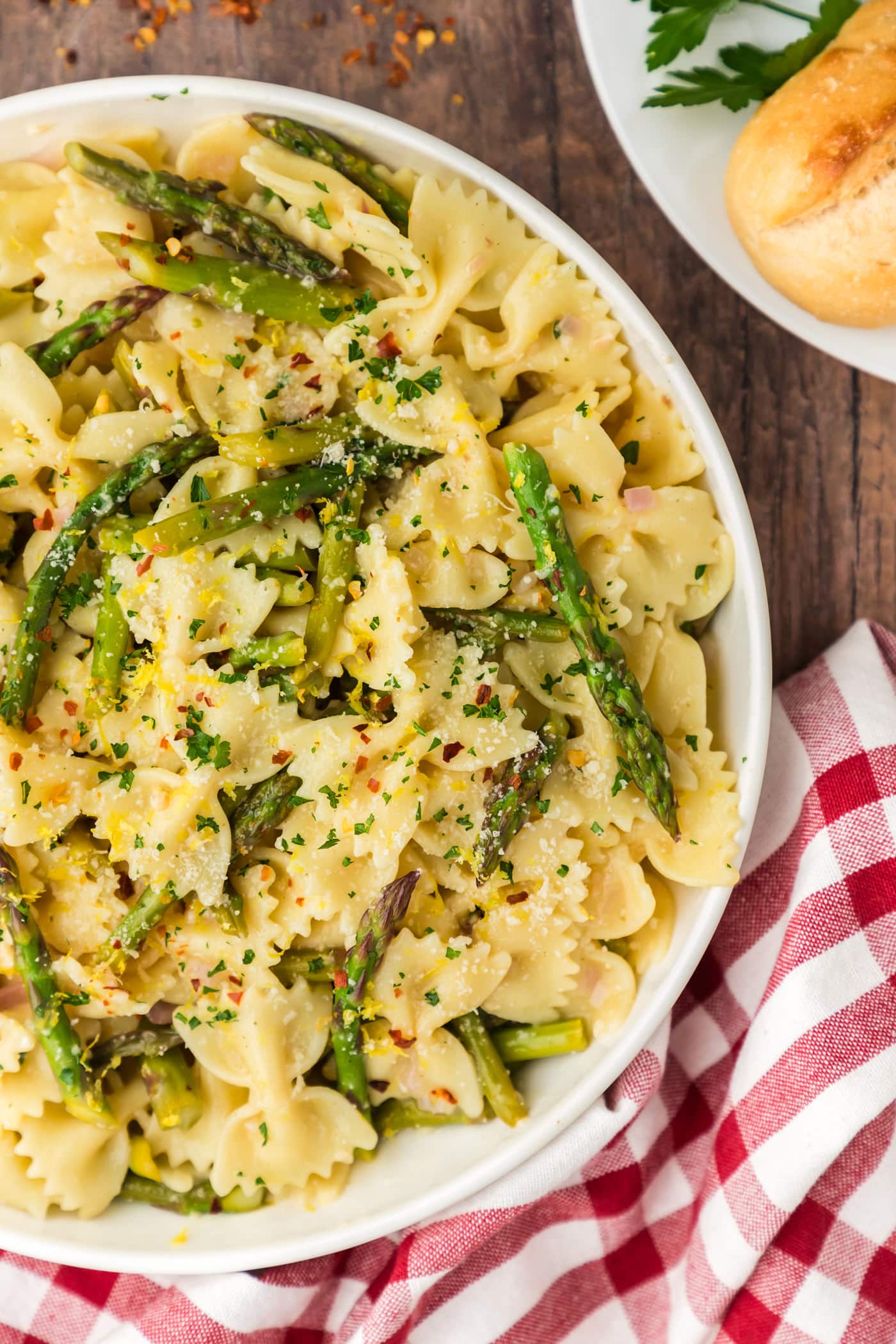 Close up photo of a half bowl of Asparagus Pasta