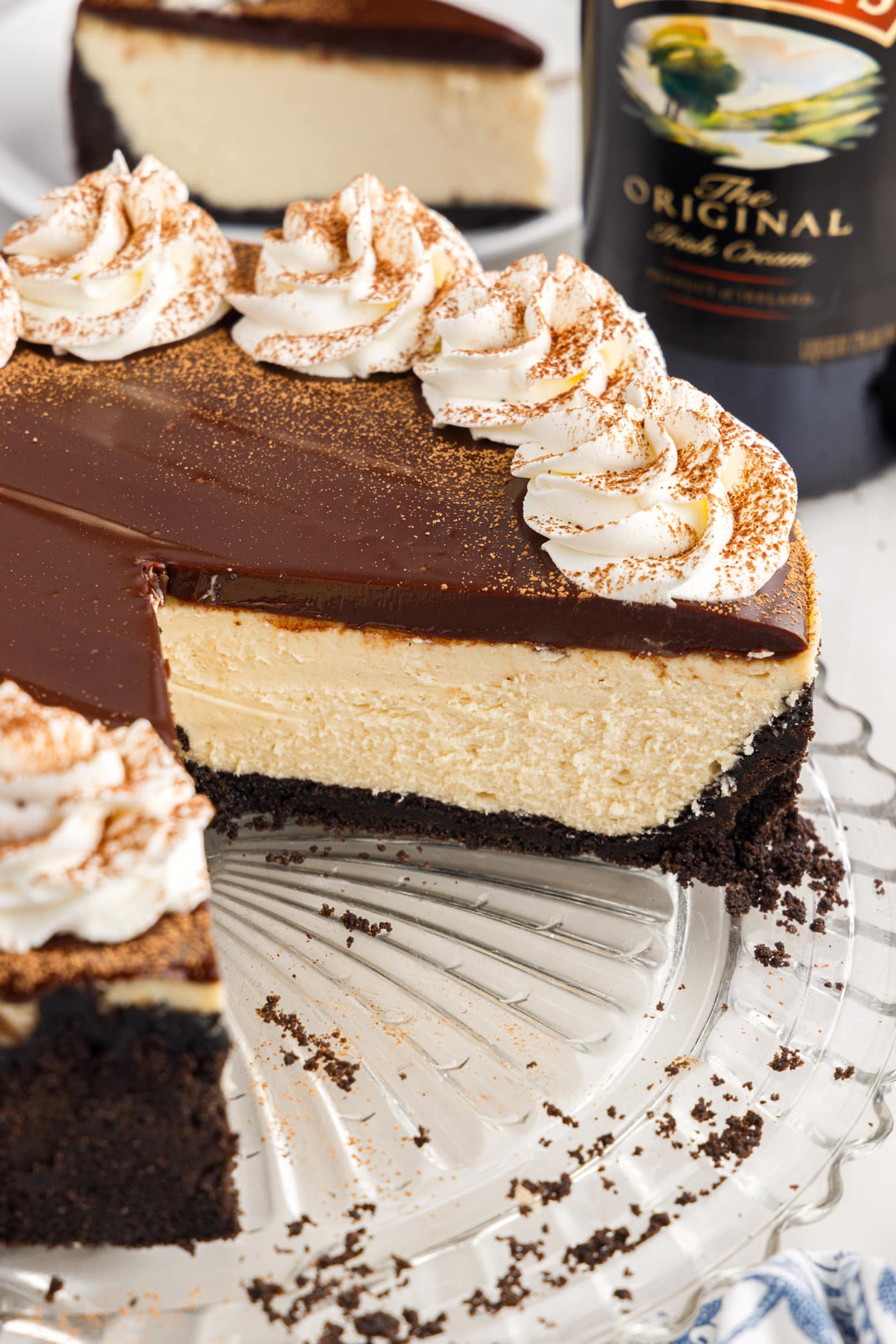 Side of a Baileys Cheesecake with two slices removed