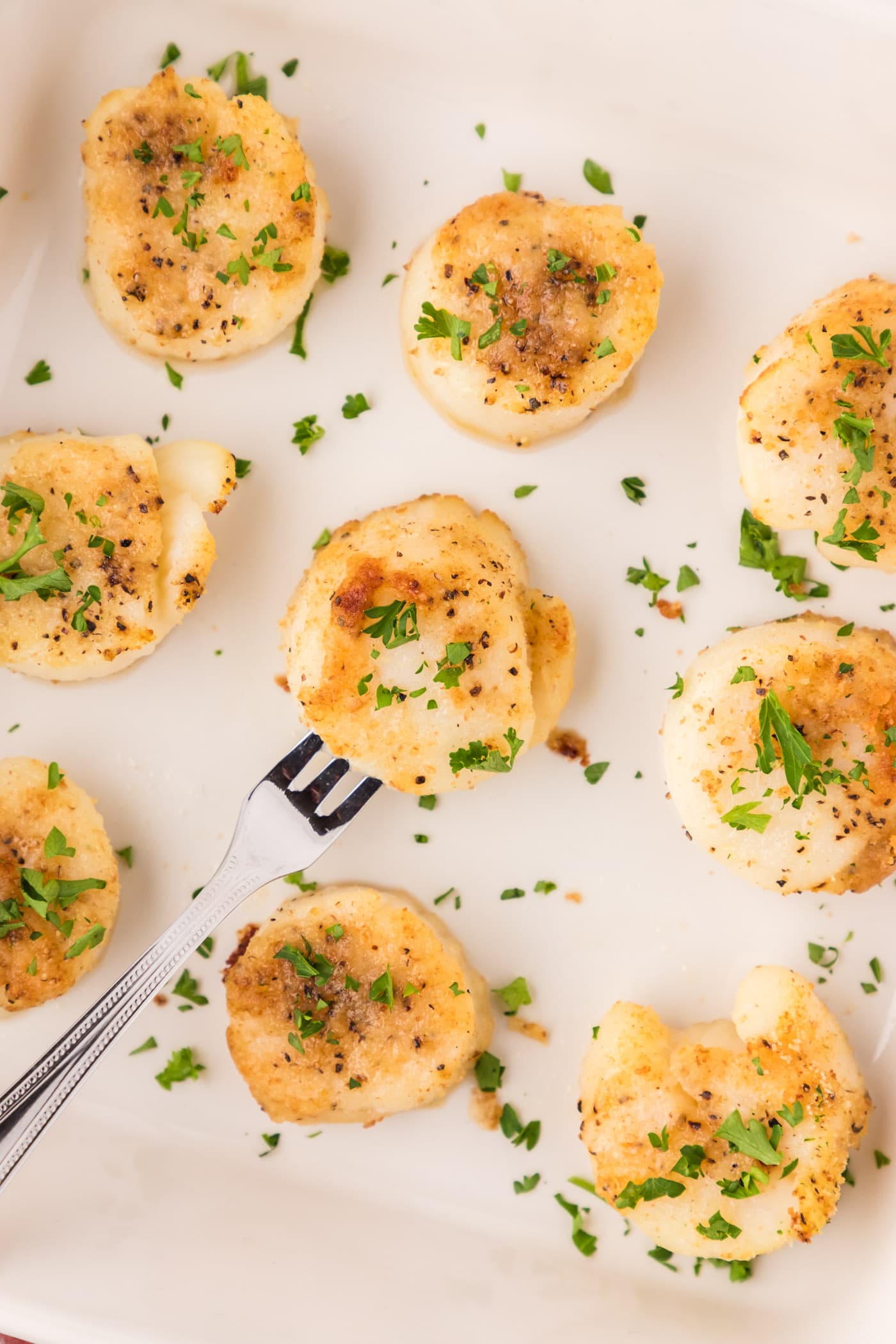 Close up of Baked Scallops in a serving dish with a seafood platter