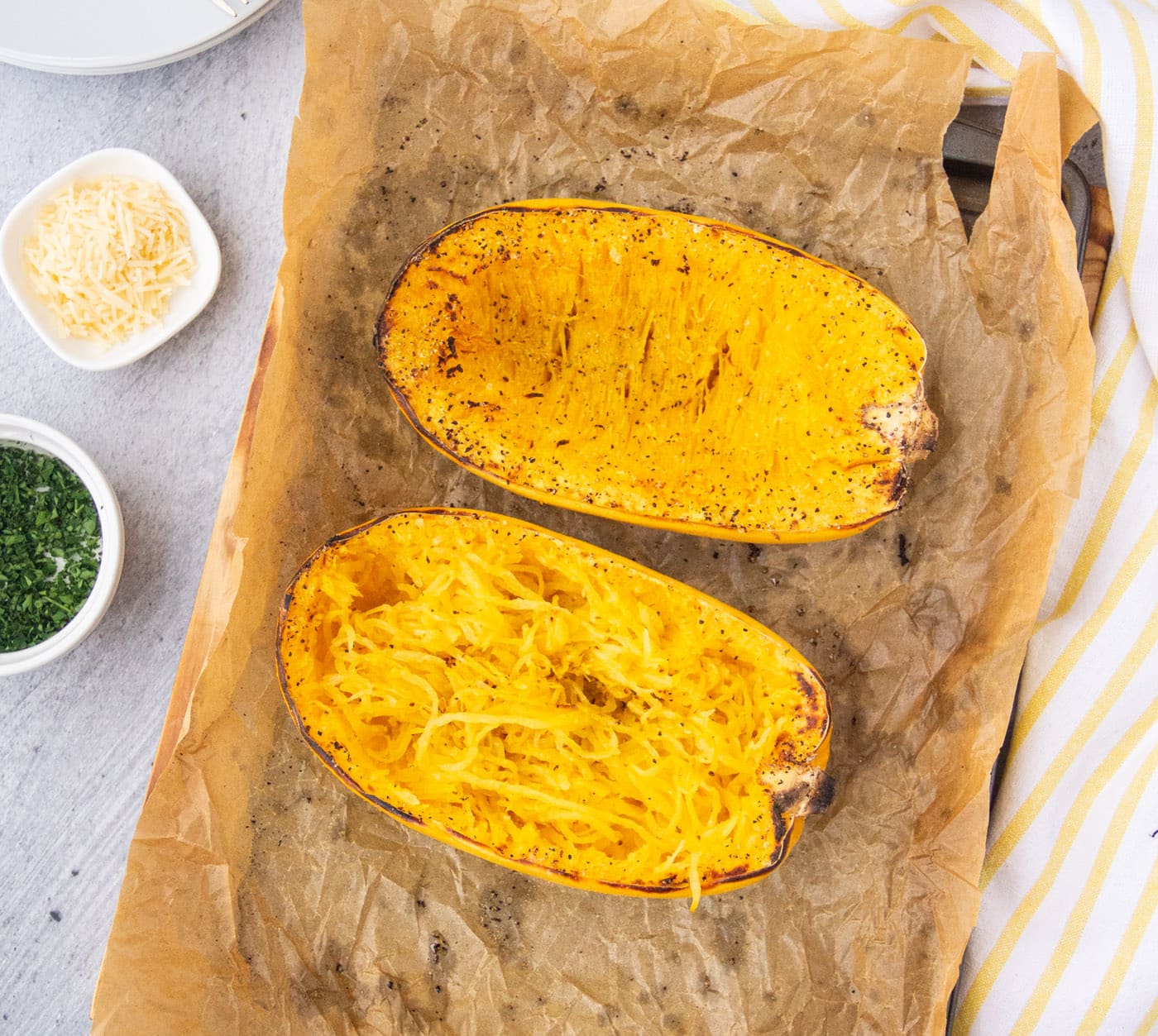 baked spaghetti squash on a baking tray