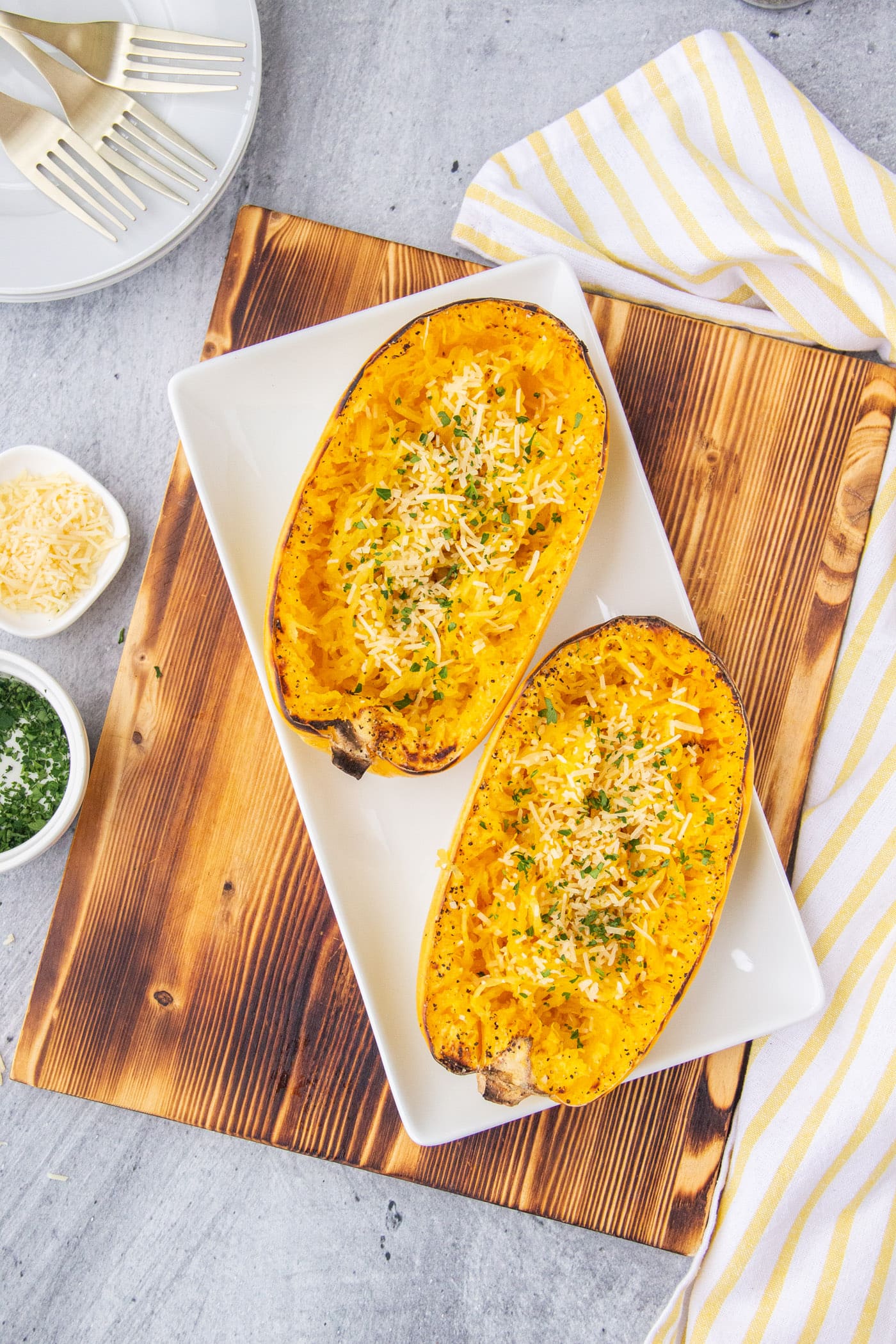 Baked Spaghetti Squash on a cutting board