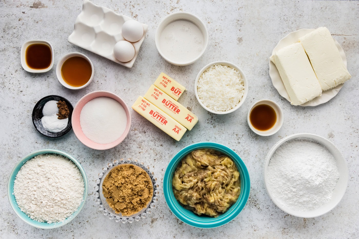 ingredients for making Banana Cake with Cream Cheese Frosting