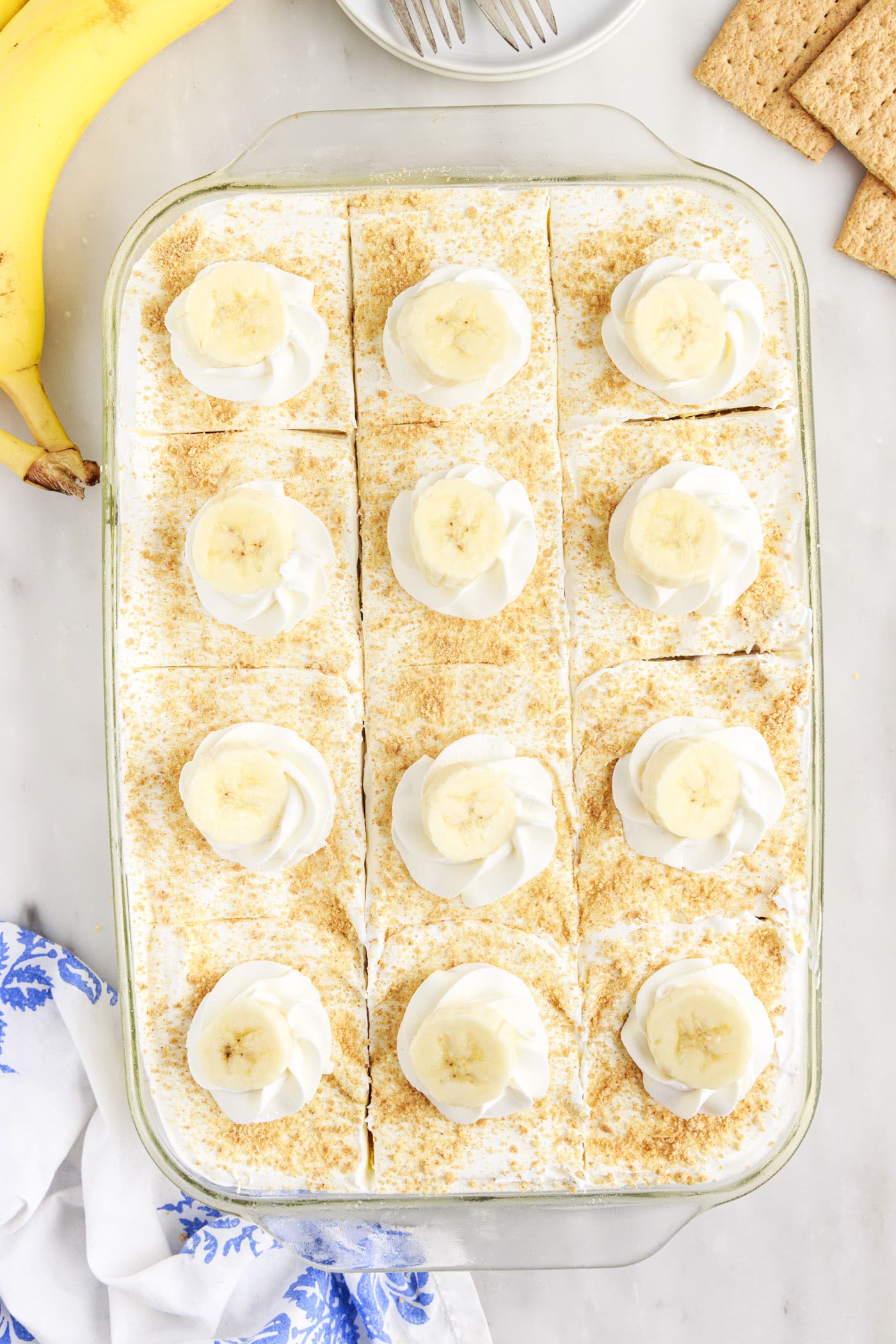 overhead view of Banana Cream Pie Icebox Cake sliced