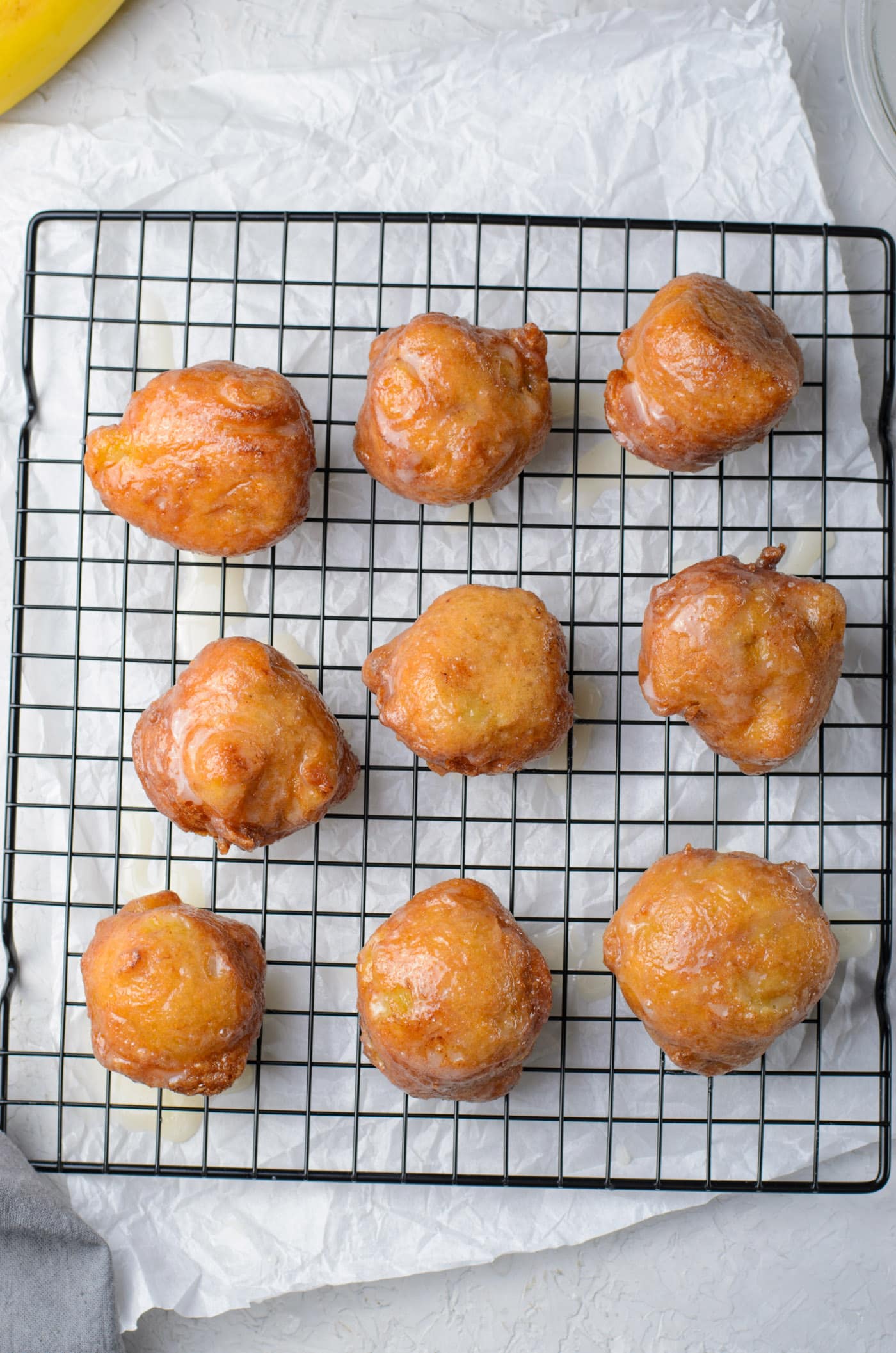 Banana Fritters on a wire rack