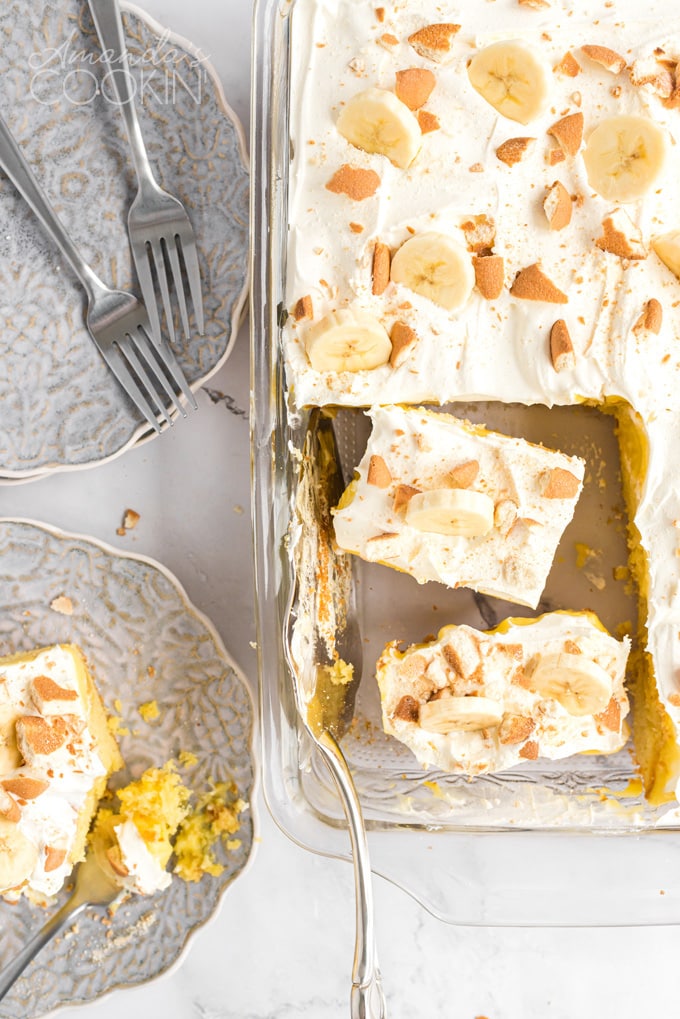 overhead view of sliced cake