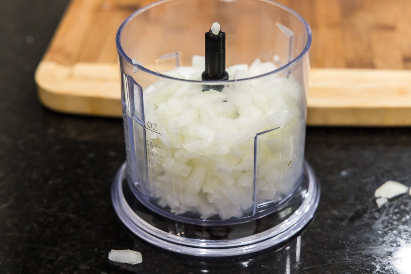 chopped onion in a food processor