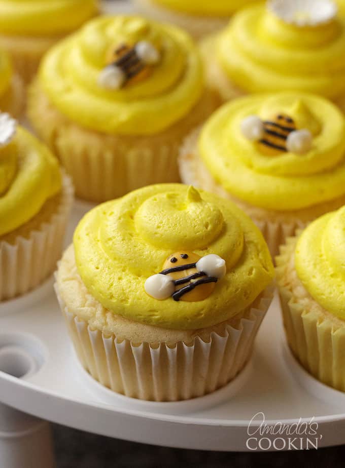close up of bee cupcakes