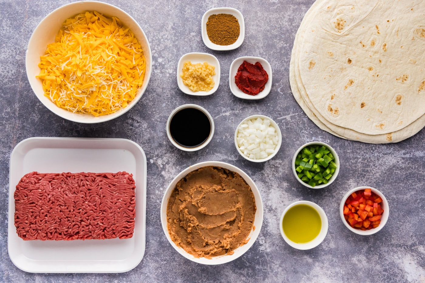 ingredients to make beef and bean quesadillas