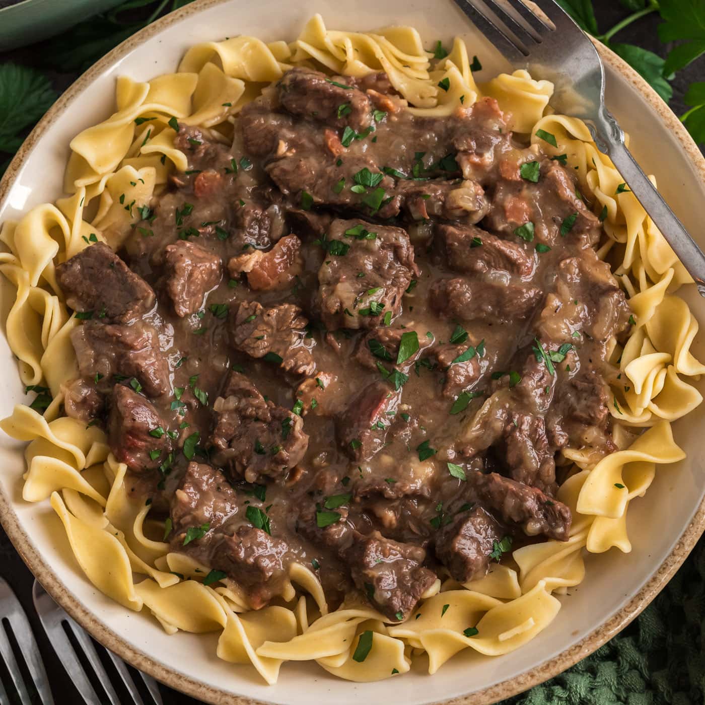 Close up photo of Beef Carbonnade served over egg noodles