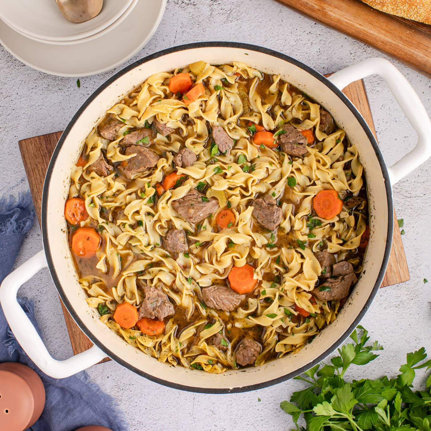 Overhead photo of a pot of Beef Noodle Soup