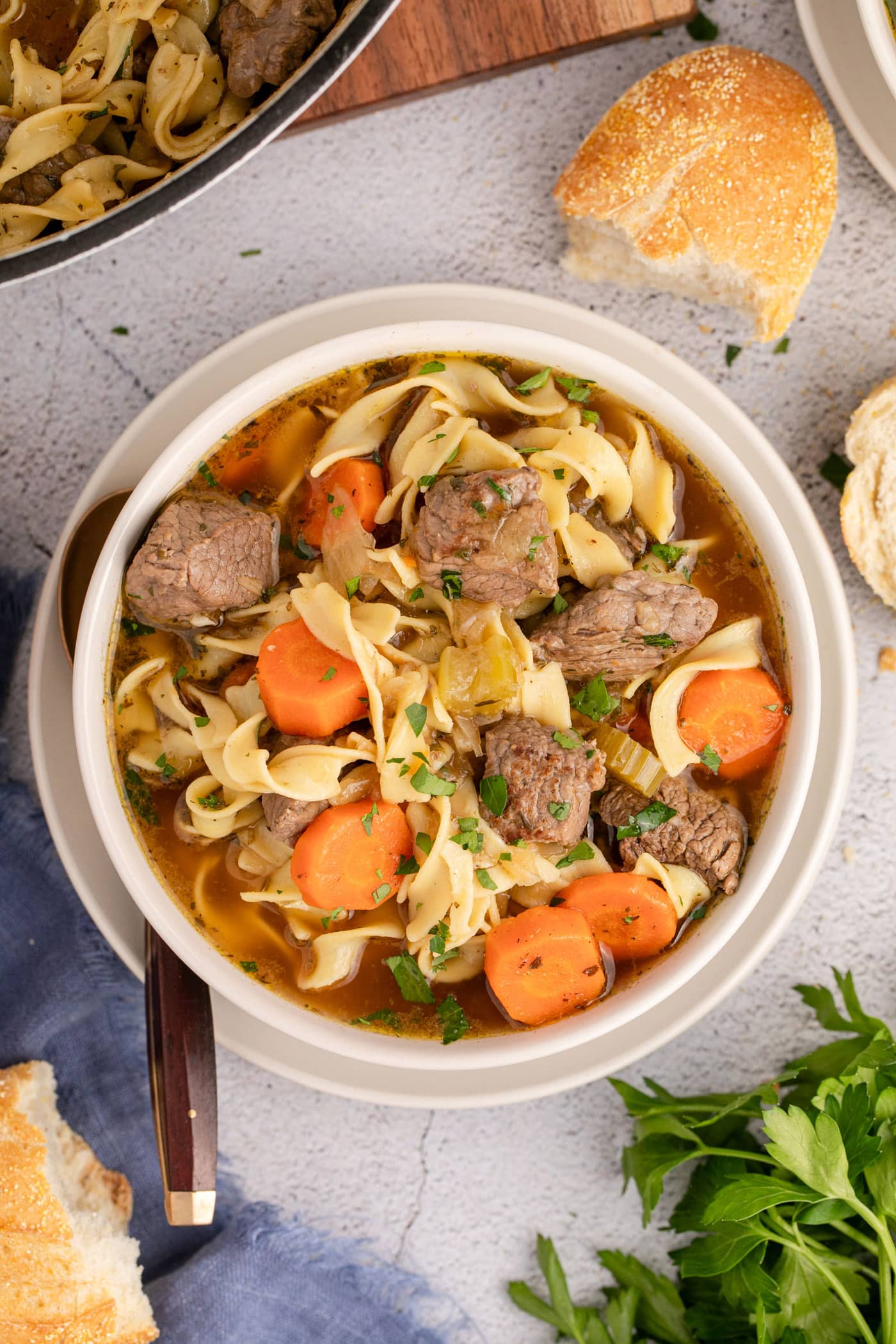 Overhead photo of a bowl of Beef Noodle Soup