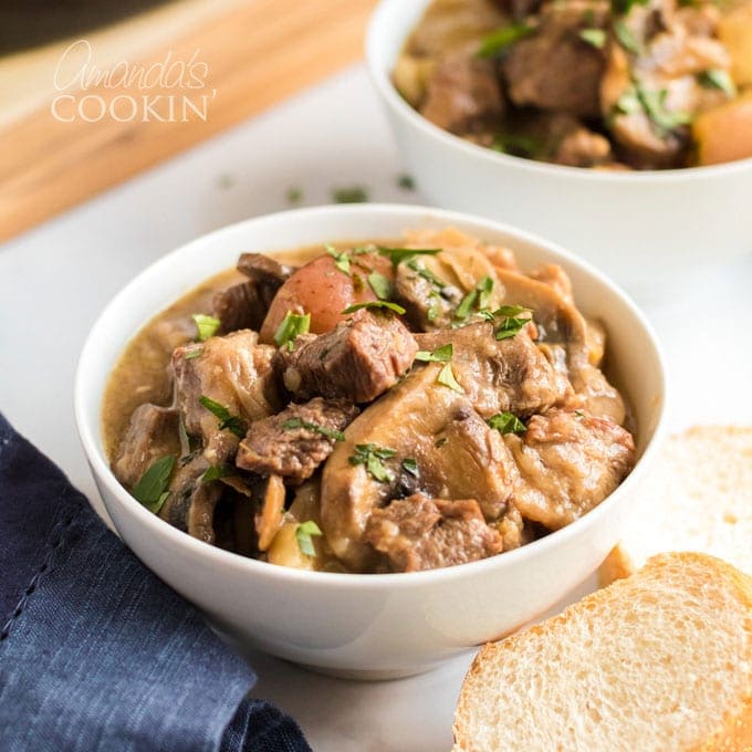 white bowl of beef stew