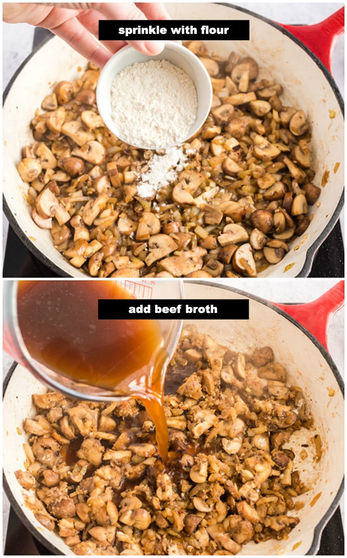 adding flour and broth to stroganoff