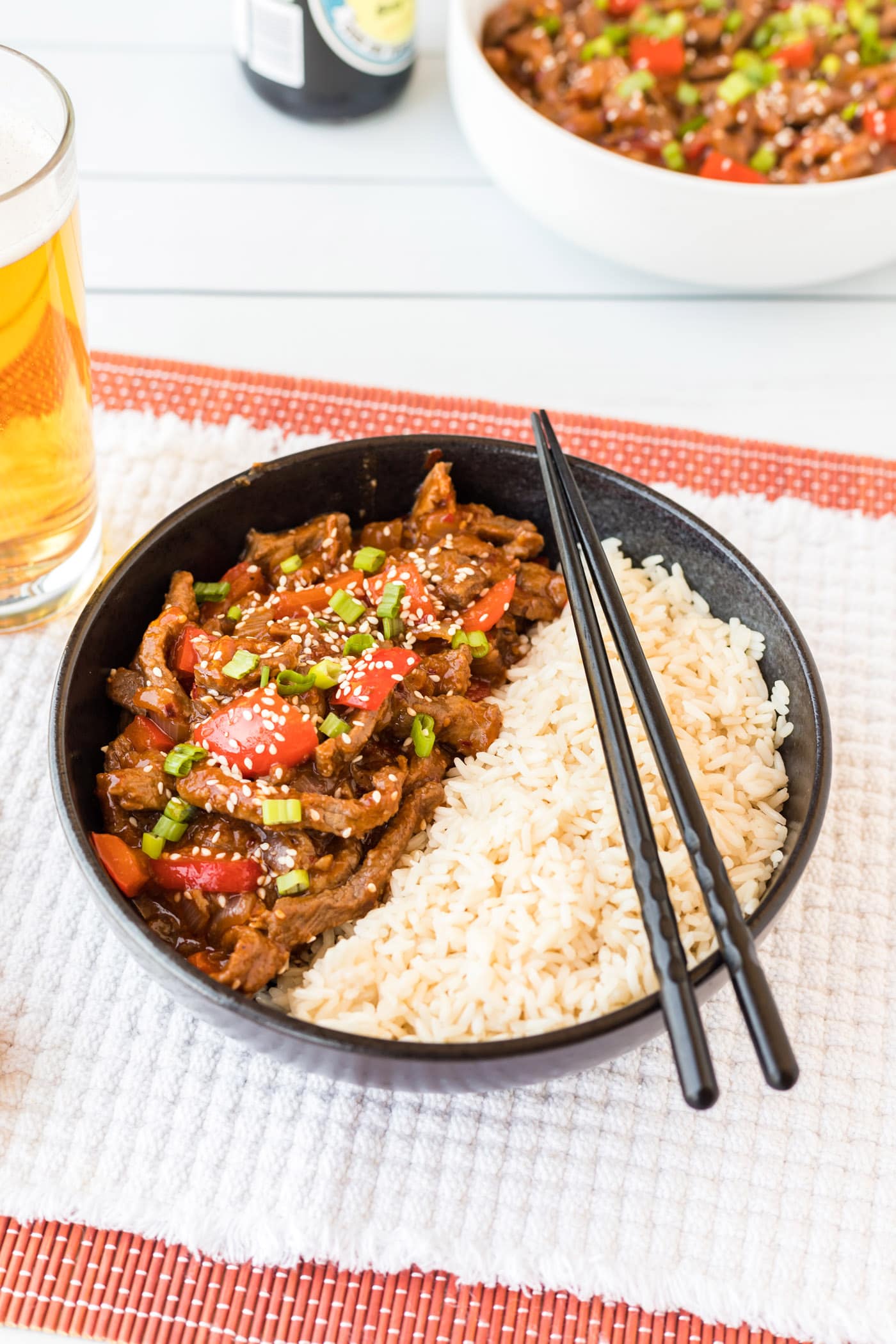 Bowl of Beijing Beef with rice