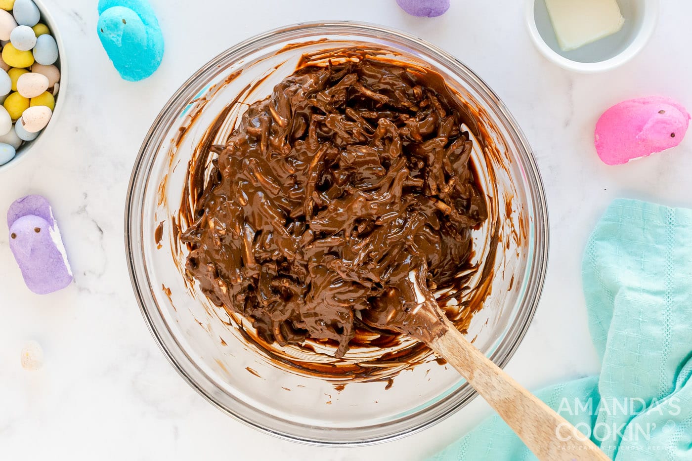 chow mein noodles mixed with chocolate and peanut butter in a bowl