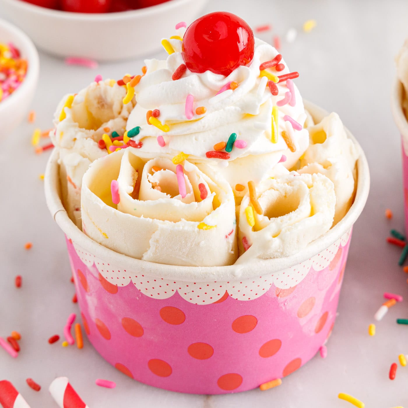 Birthday Cake Rolled Ice Cream with cherry on top