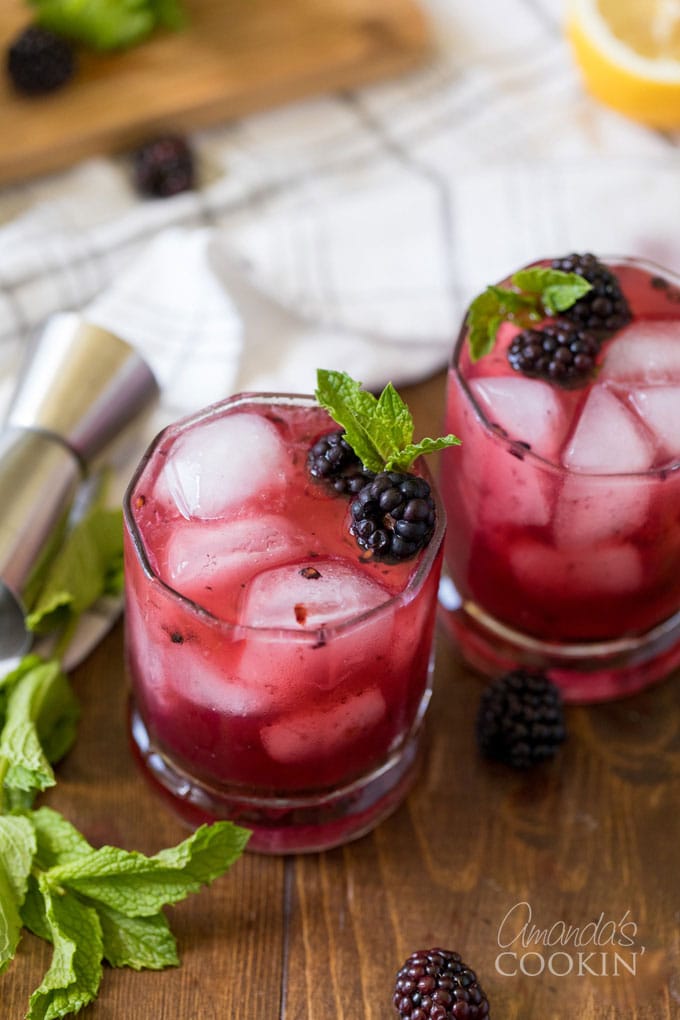 two glasses of blackberry bourbon lemonade