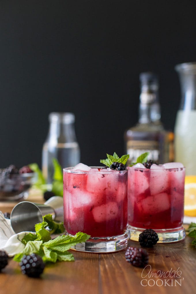 two glasses of blackberry bourbon lemonade cocktail