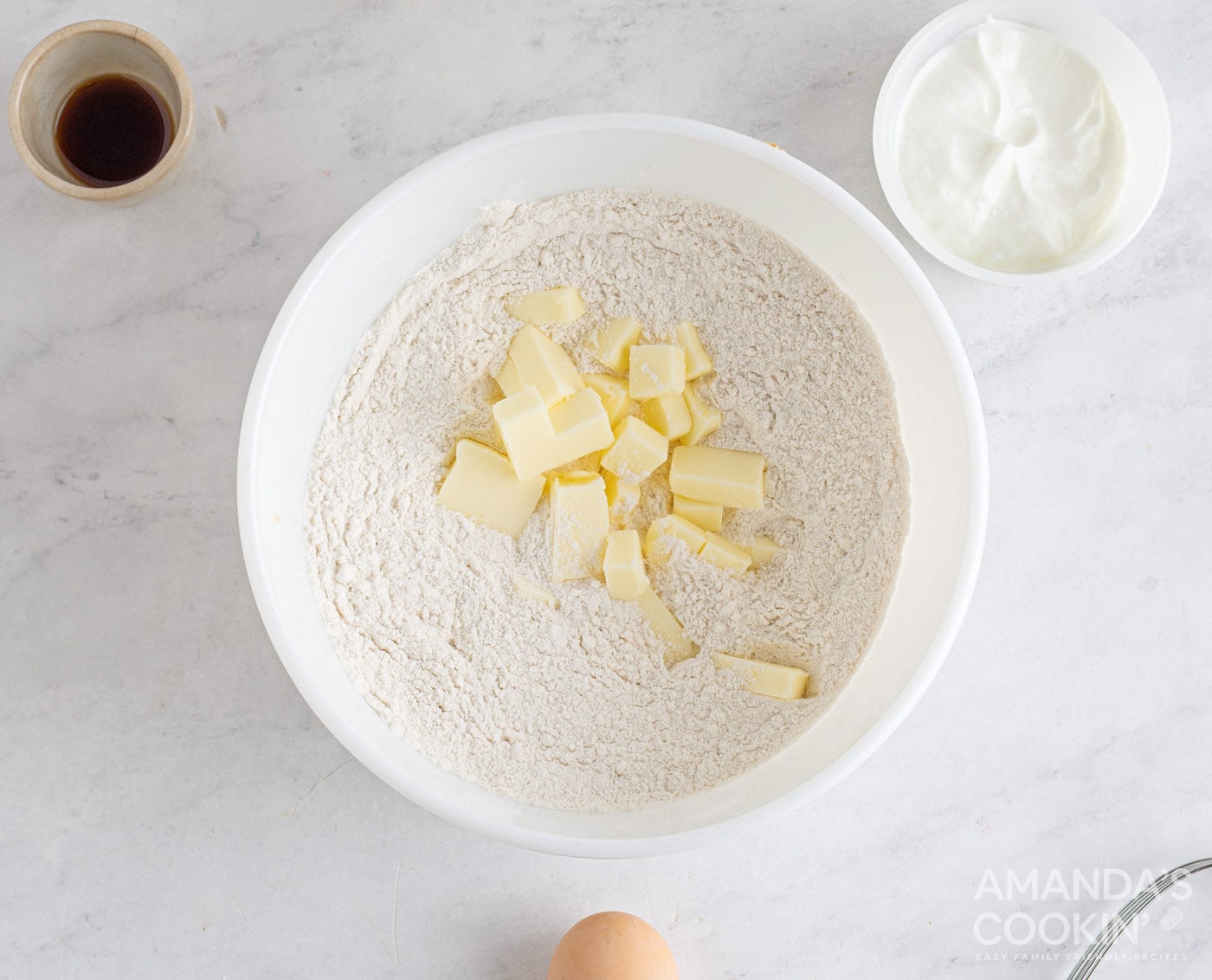 cold butter cubes in baking powder, sugar, salt, and flour