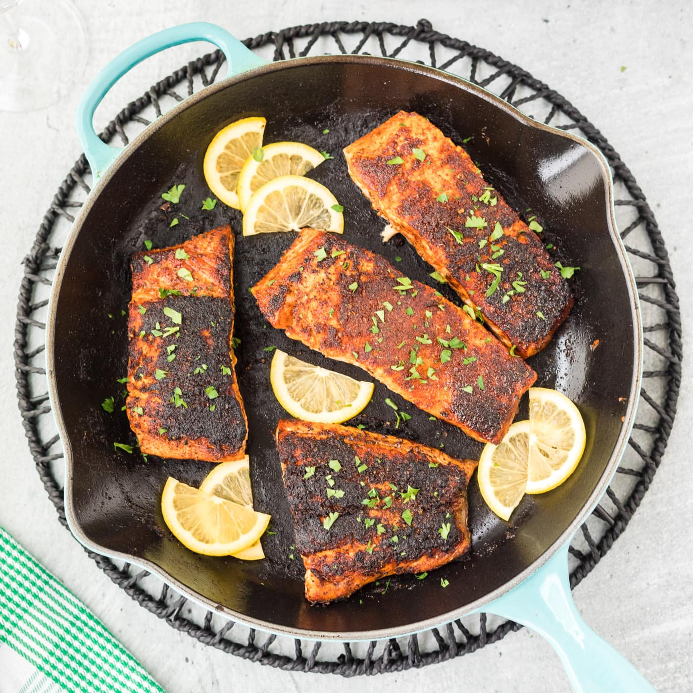 Blackened Salmon in a skillet