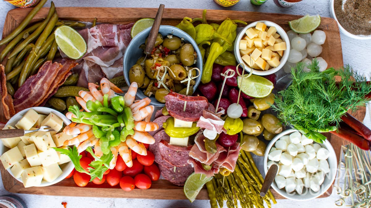 charcuterie board for bloody mary toppings