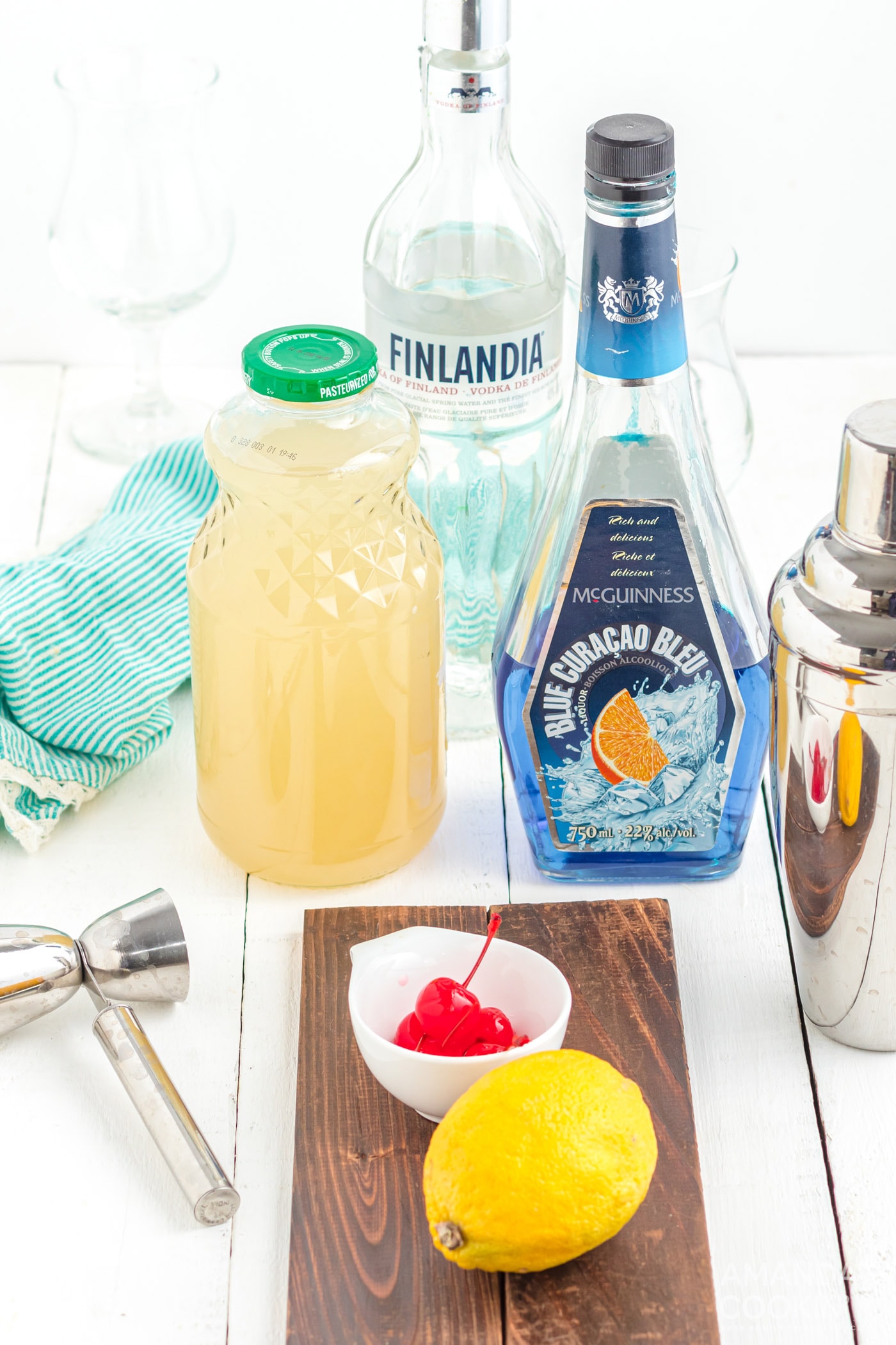 ingredients to make a Blue Lagoon Cocktail