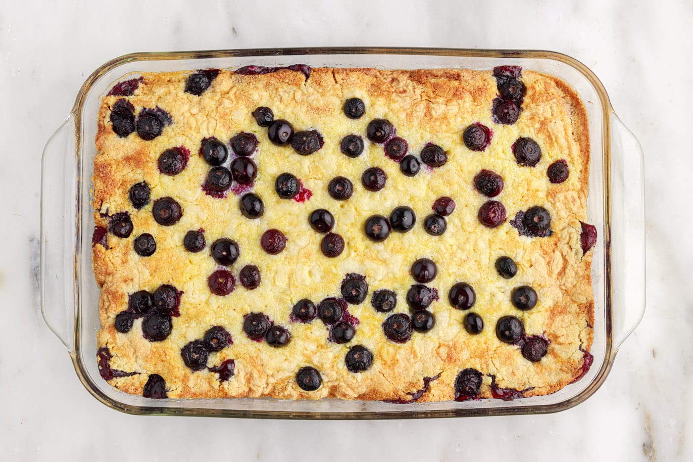 overhead of baked blueberry dump cake