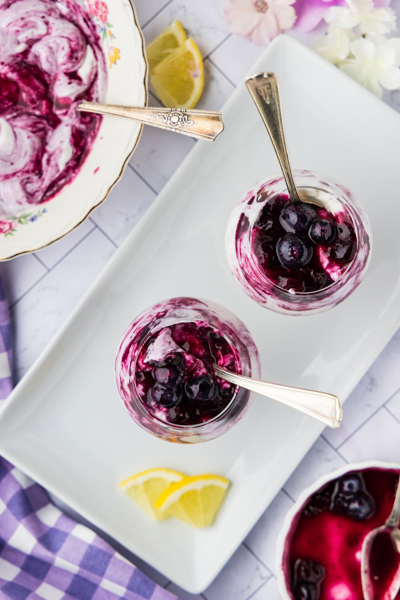 overhead view of two dishes of Blueberry Fool