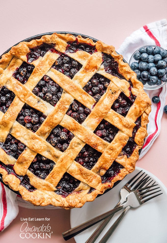 Blueberry pie overhead shot with lattice crust