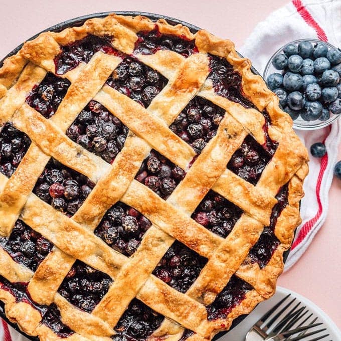 overhead view of blueberry pie