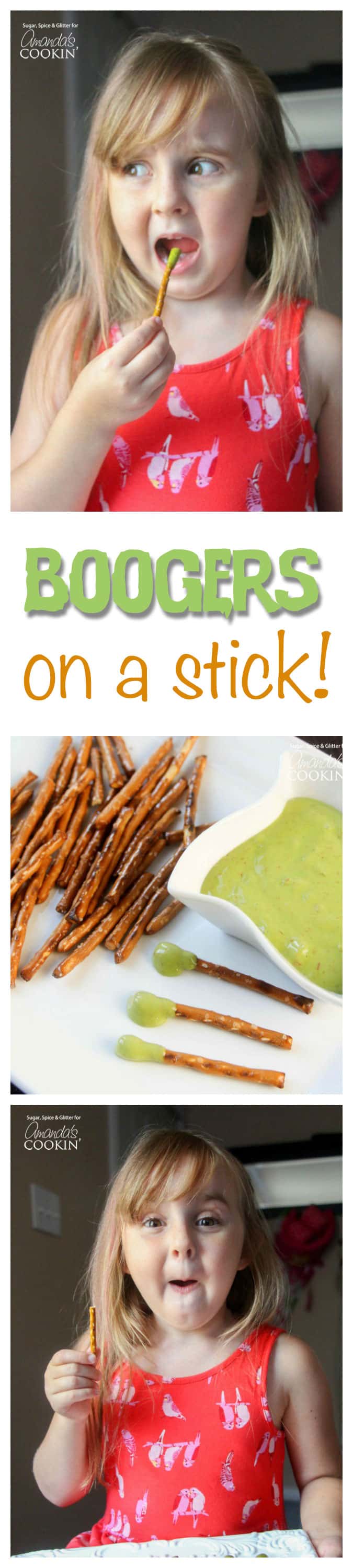 An assortment of photos of a young girl enjoying boogers on a stick and a photo of plate of boogers and sticks.