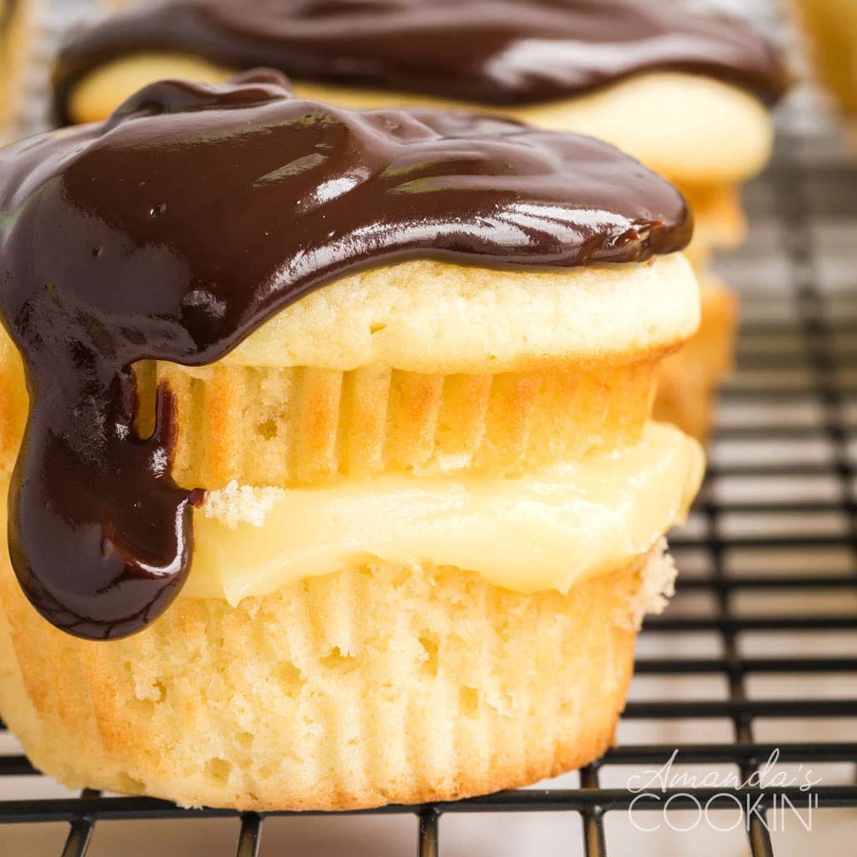 close up of boston cream cupcake