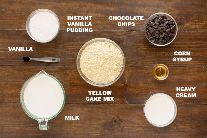 photo of labeled ingredients for boston cream poke cake: yellow cake mix, milk, pudding,chocolate chips, corn syrup, heavy cream, vanilla