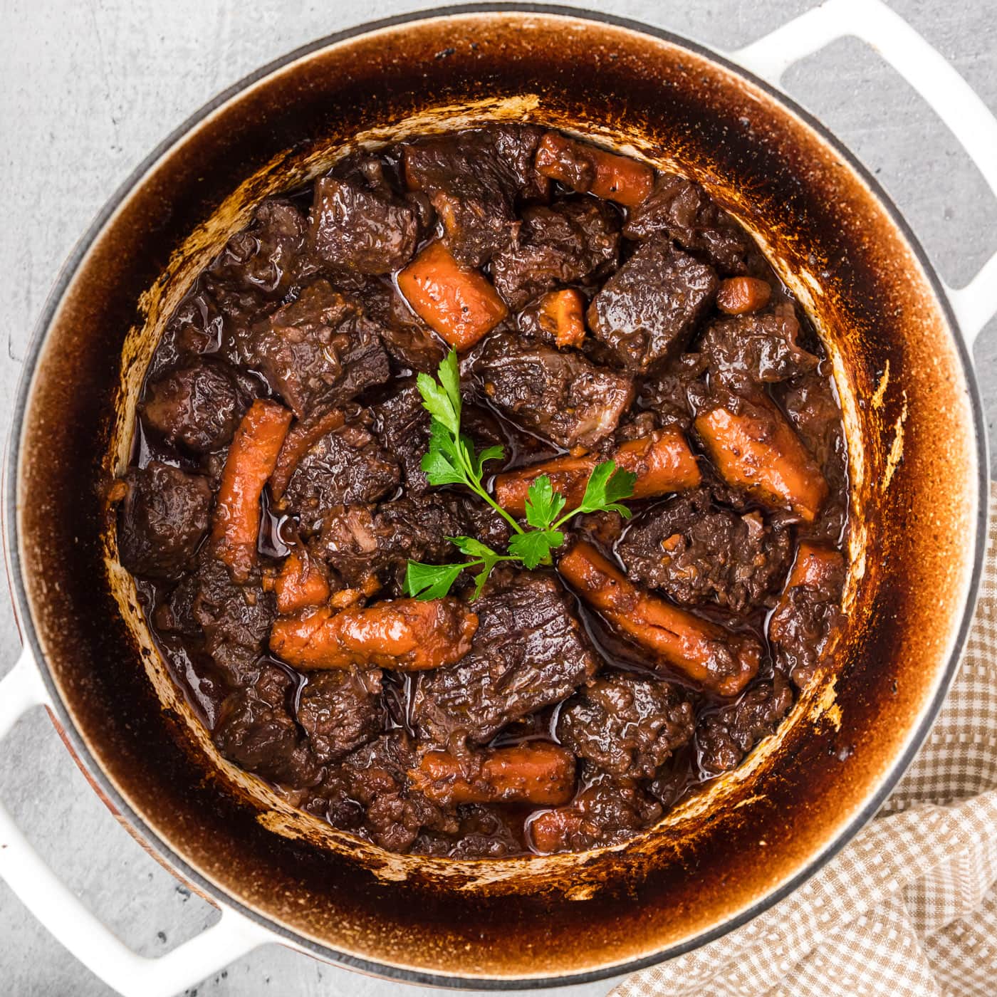 Overhead photo of a pot of Braised Beef