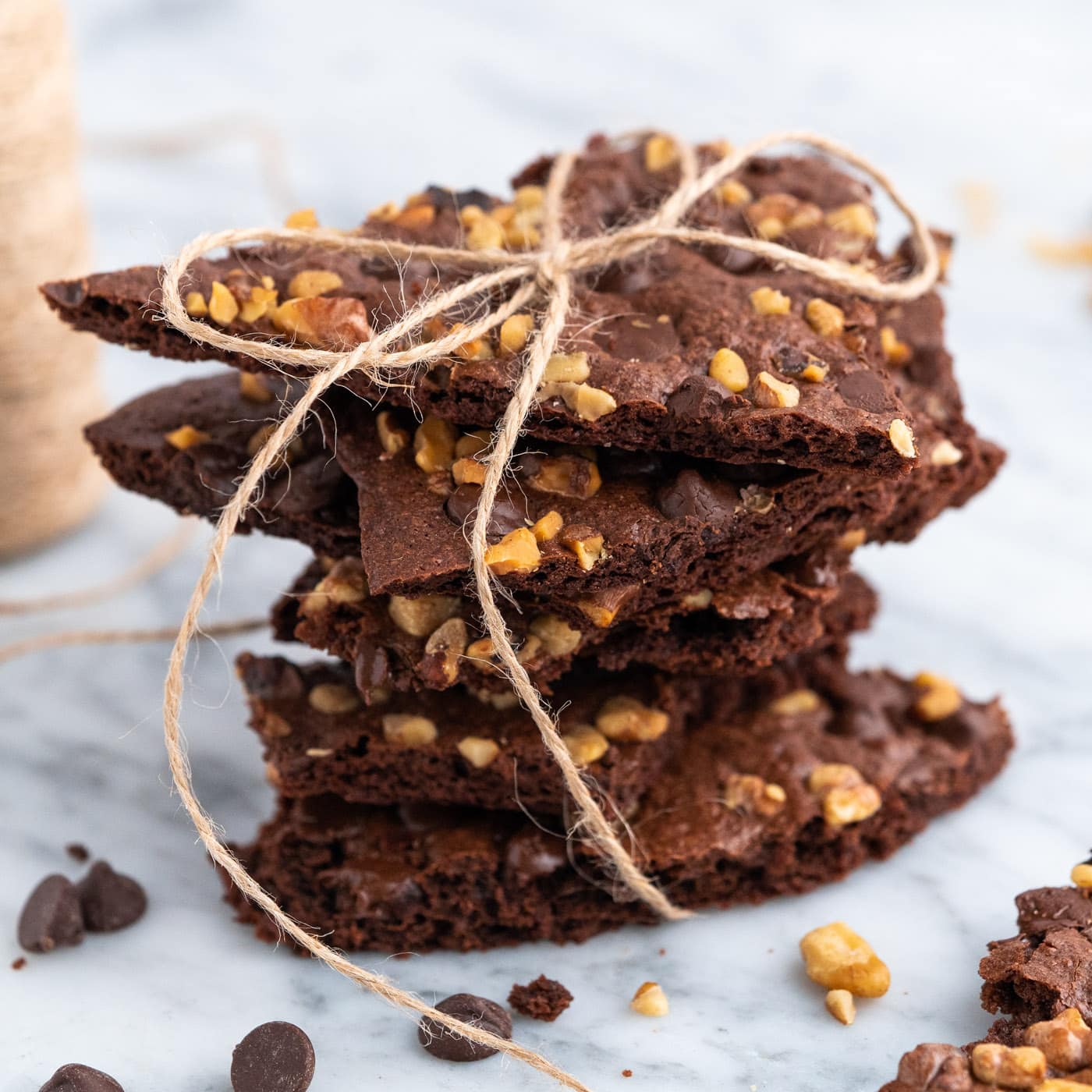 stacked Brownie Brittle tied with twine